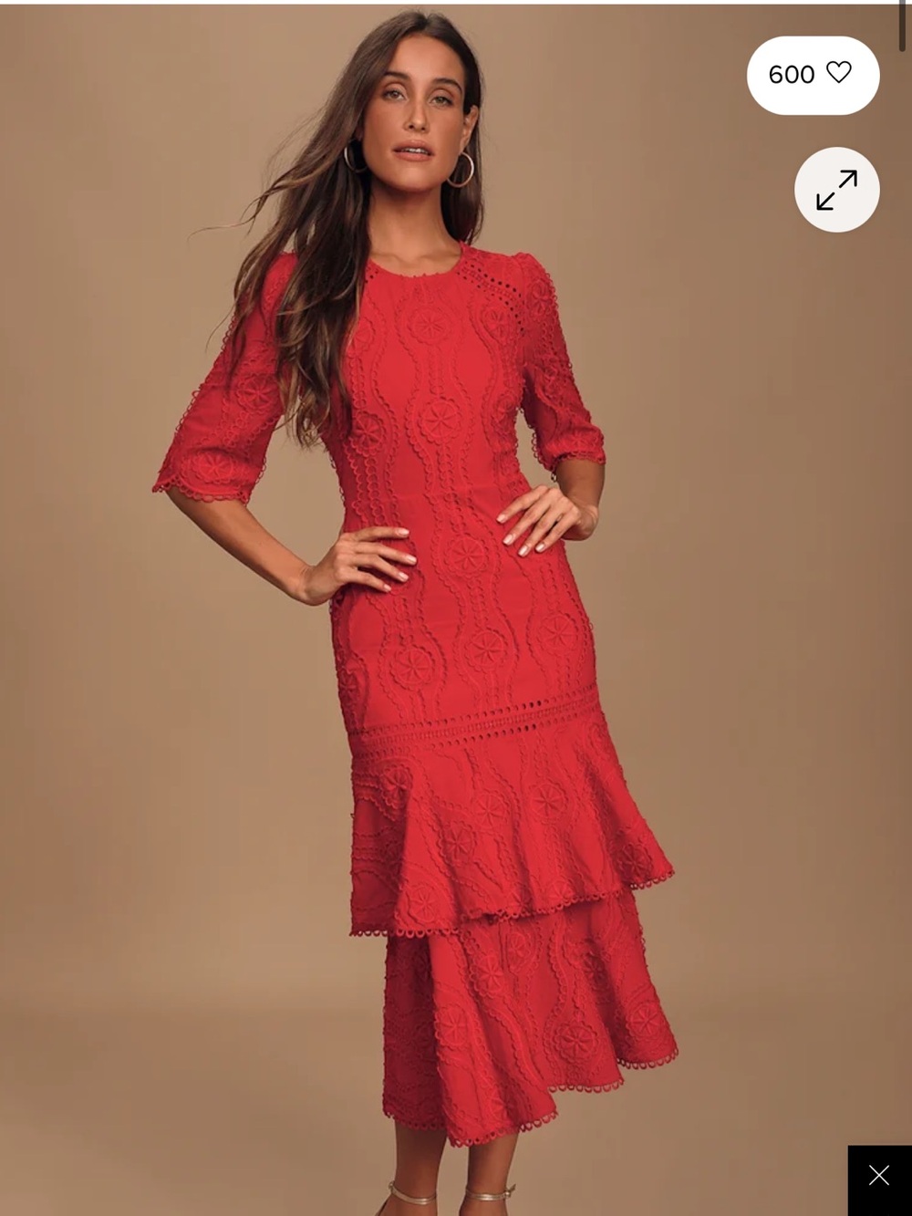 Lulus By The Vineyard Red Embroidered Ruffled Midi Dress NWT Size S
